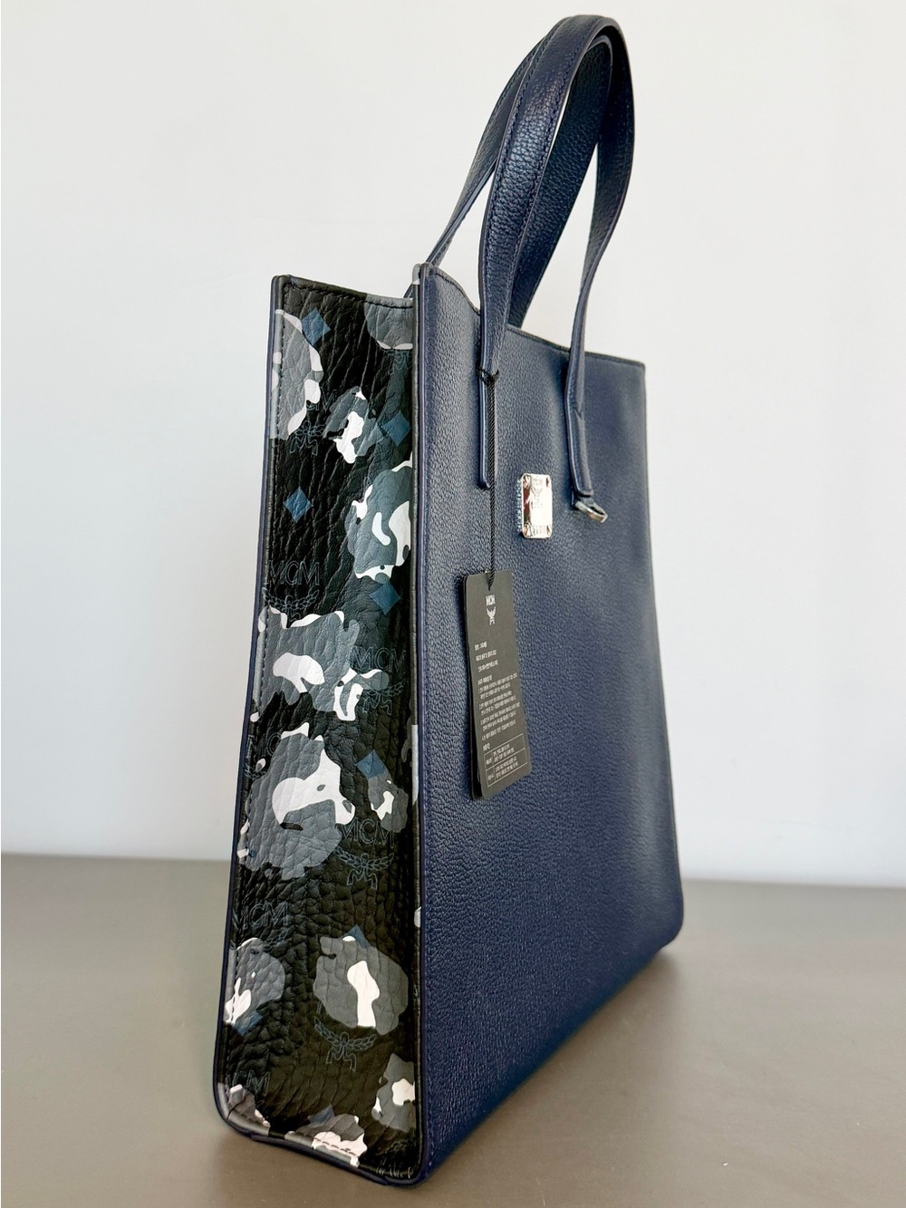 MCM Navy Leather Tote with Detachable Strap, floral - NWT & dust bag & COA